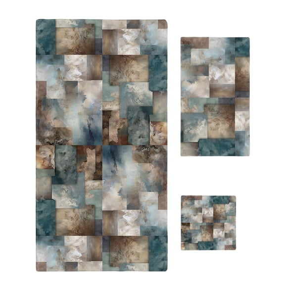 Blue Brown Geometric Towel Set of 3, Soft Microfiber Bath Towels, Hand Towel, Washcloths, Modern Ombre Abstract Art Quick-Dry Absorbent Towels for Bathroom Kitchen Hotel Beach Gym Spa