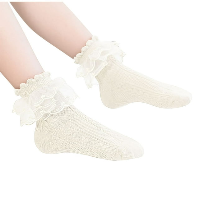 FAIWAD 3 Pair Girls Cotton Lace Socks Ruffle Frilly Princess Mid-Length Socks Solid Color Breathable Crew Socks