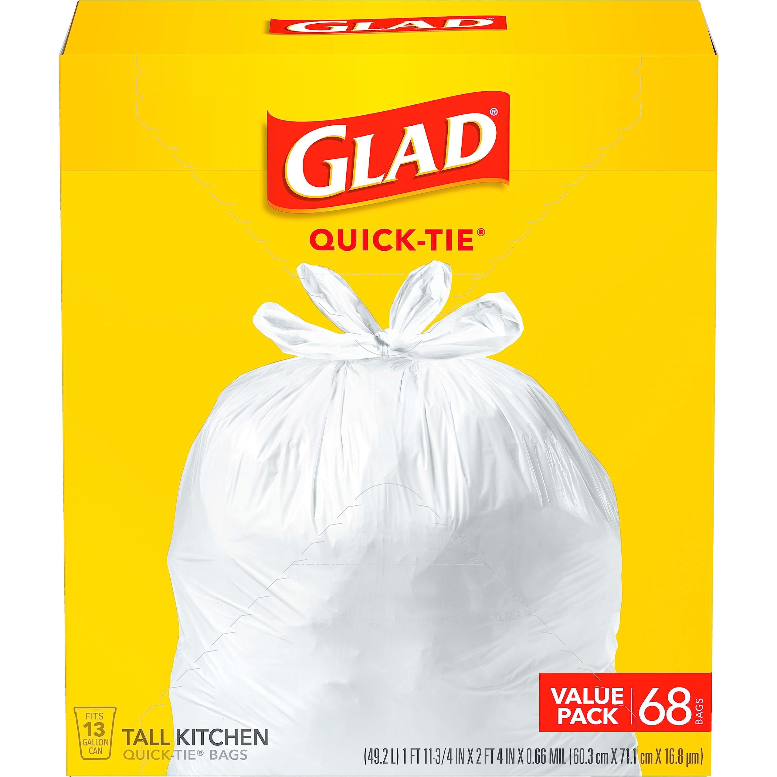 Glad Tall Kitchen Trash Bags 13 Gallon, Unscented Garbage Bags, Quick-Tie, 68 Count — Residential Use, Standard Application