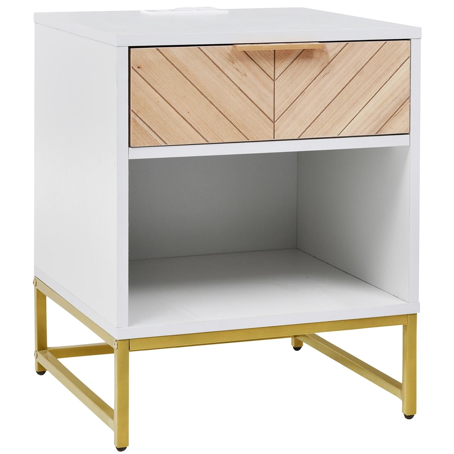 Kadyn Modern Nightstand, Bedside Table with USB Charging Station, Nightstand Side Table with Drawer for Bedroom, White+Natural