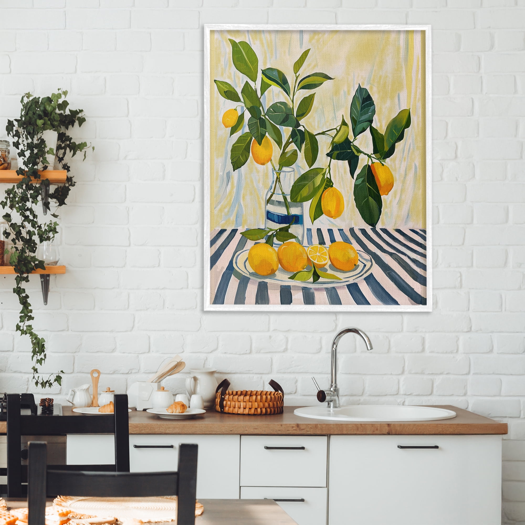 Stupell Industries Lemons on Striped Tablecloth White Framed Giclee Art, design by Yen