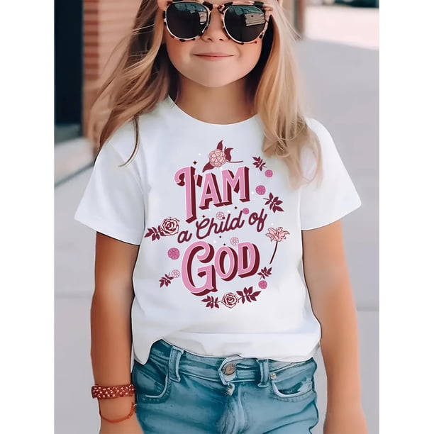 Camiseta informal con estampado de letras y rosas rosas "Soy una joven de Dios" para niña, poliéster, cuello redondo - Primavera/Verano/Otoño, manga corta, informal