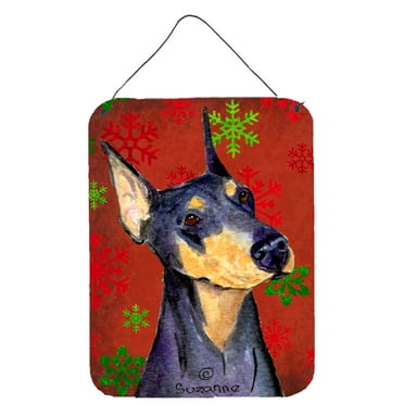 Doberman Red and Green Snowflakes Holiday Christmas Wall or Door Hanging Prints