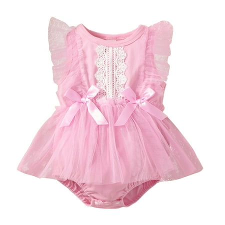 

Kucnuzki Newborn Baby Girl Clothes 9 Months Summer Bodysuit 12 Months Fly Sleeve Sweet Mesh Lace Panel Rompers Bodysuit Pink