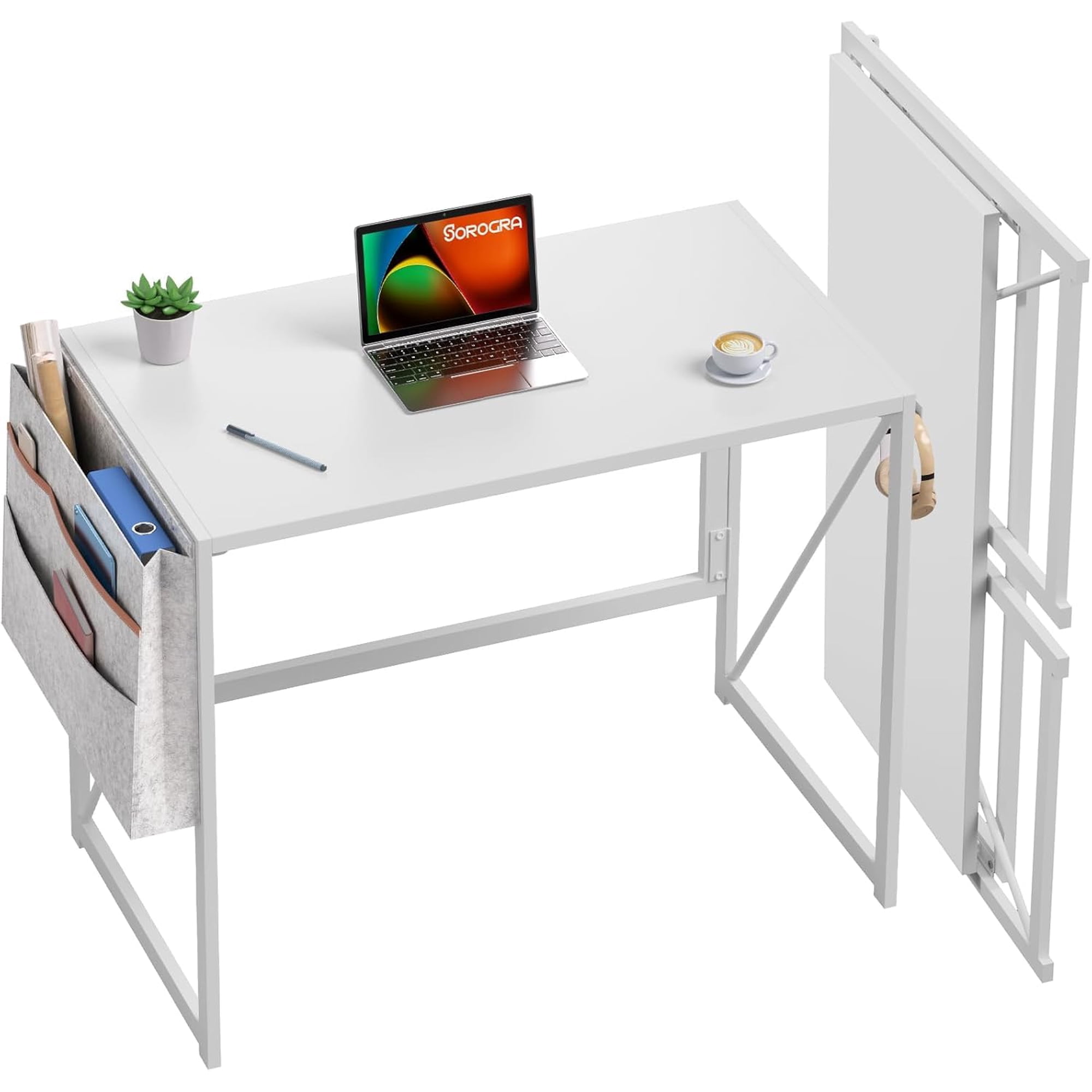 PYY Space-Saving Folding Computer Desk 80 cm (31.5 in) - Compact Home Office Writing Table - Side Storage Pocket + Hooks - Sturdy Metal Frame, Anti-Slip Feet - Color: White