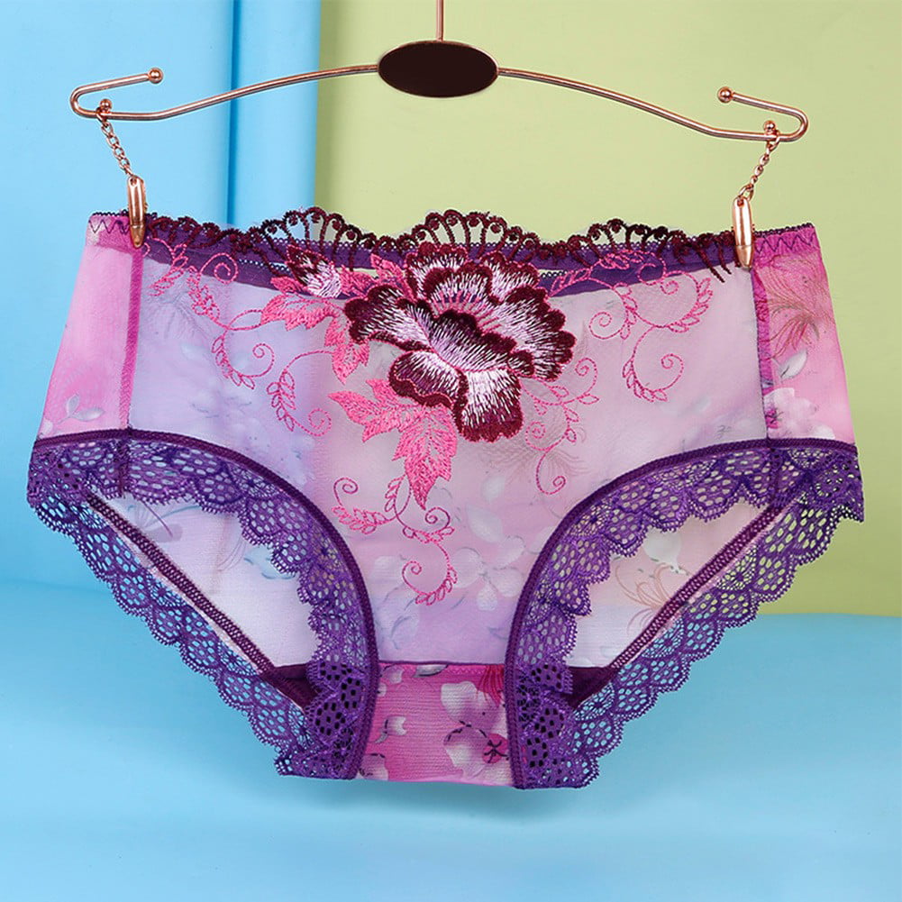 ALSLIAO Plus Women Sexy Lace Seamless Underwear Skin-Friendly Transparent  Briefs Panties Purple L 