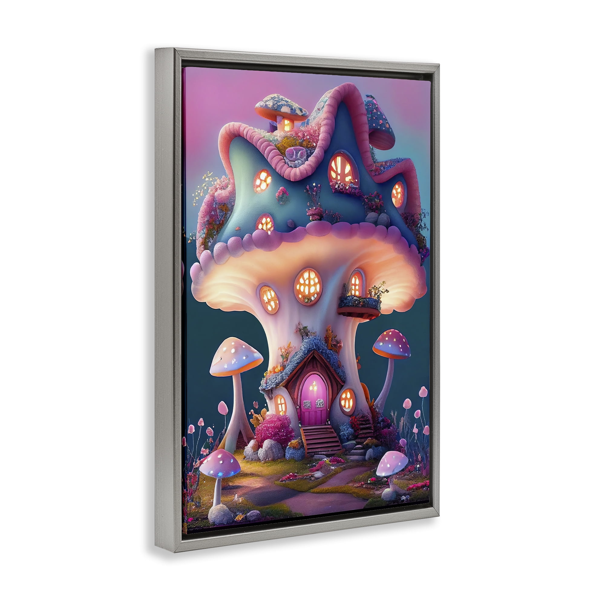 Stupell Industries Mushroom Cottage House Town & City Painting Gray Floater Framed Art Print Wall Art, 17 x 25