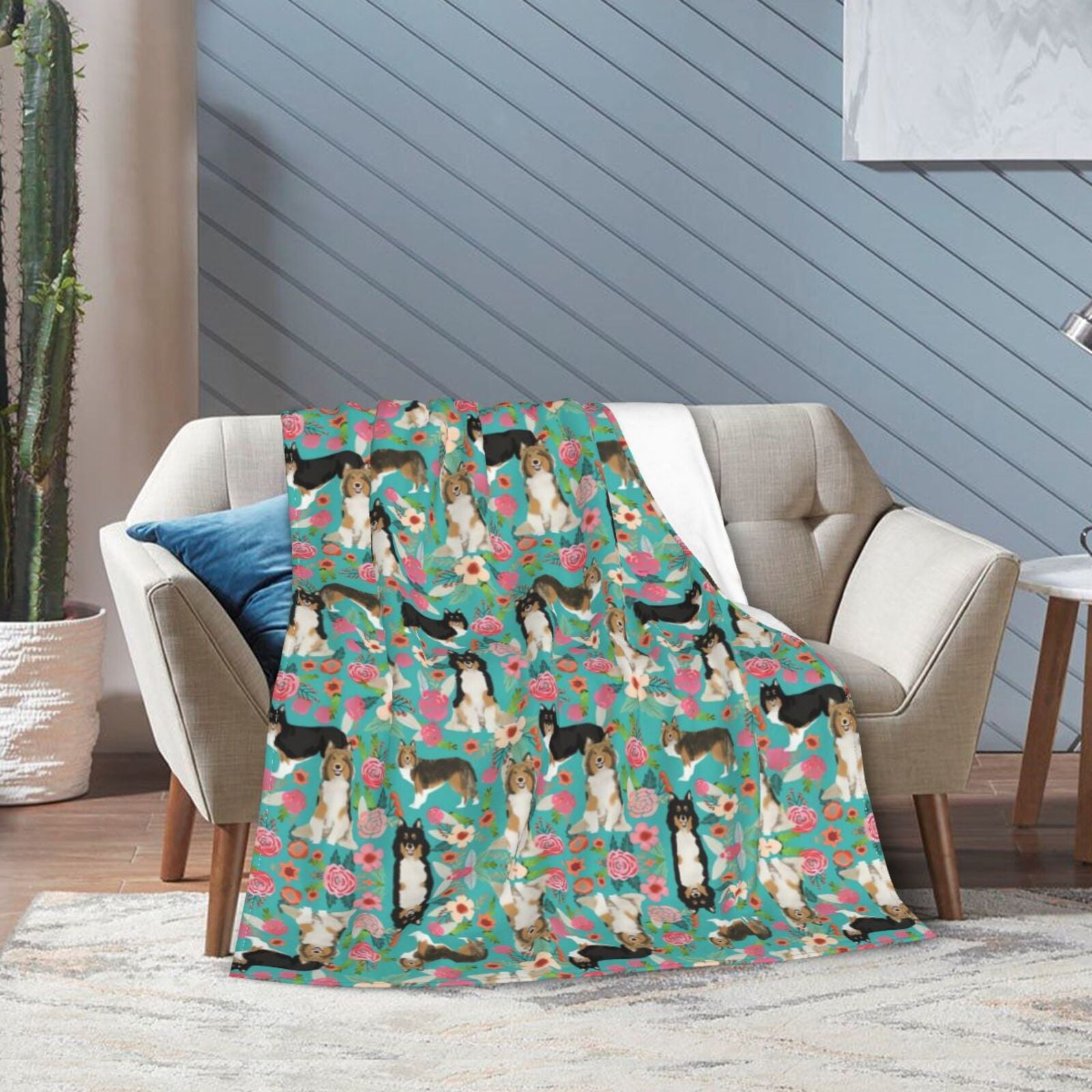 Wijzvio Sheltie Dog Green Flower Floral Throw Blanket Soft Fuzzy Fleece Blanket For Couch Bed Living Room Decoration 50"X40"