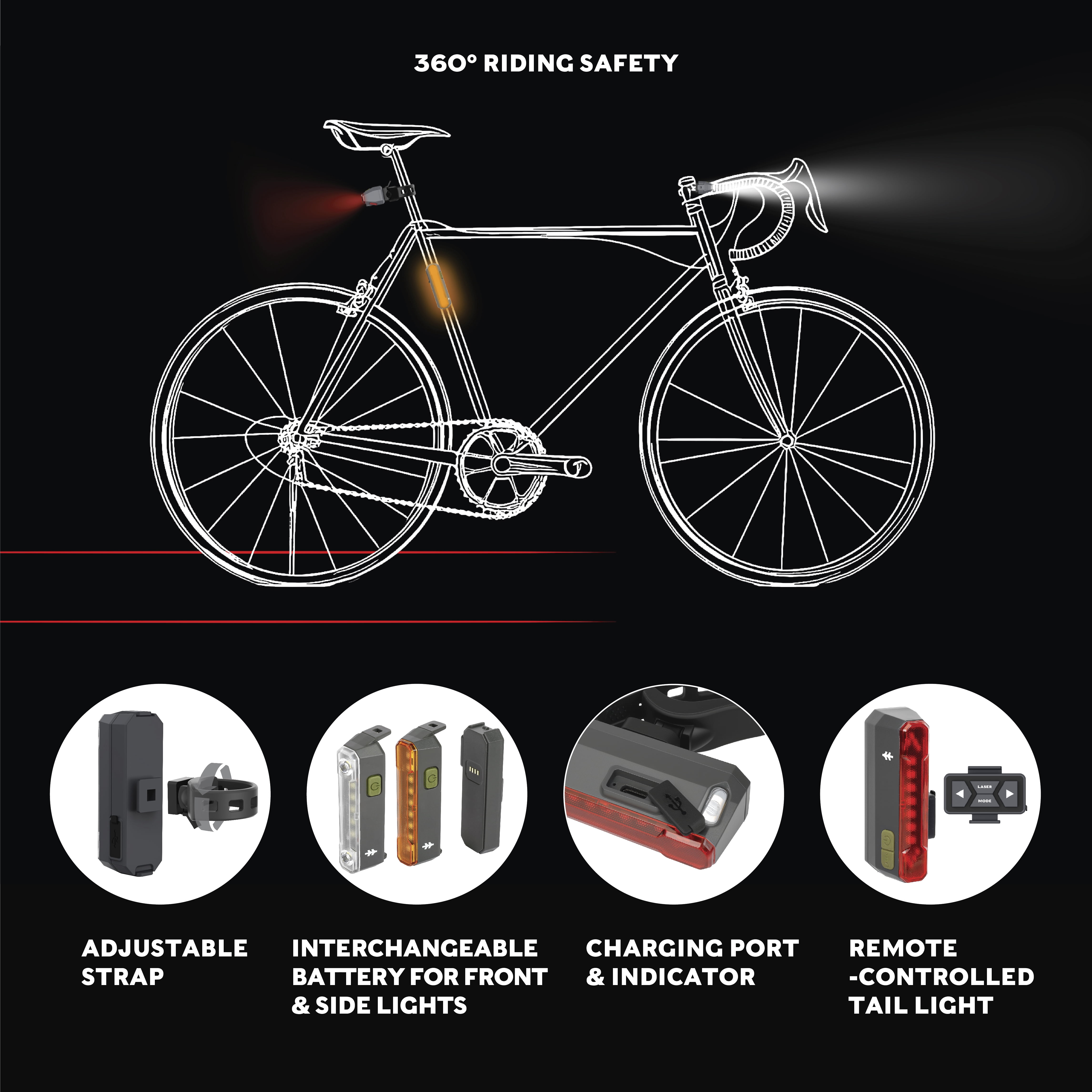 Swiss Tech 4-light 360° Smart Bike Light Combo with Handlebar remote