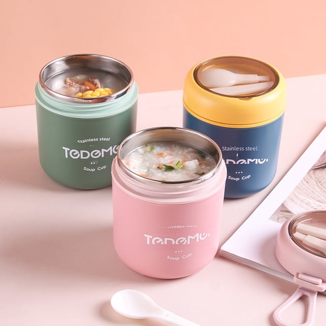 Japanese-Inspired 304 Stainless Steel Insulated Food Jar with Lid & Spoon, Portable Heat-Retention Soup Cup for Breakfast/Soup, Leakproof & Easy to Clean, Lightweight Design for On-the-Go, Blue PP