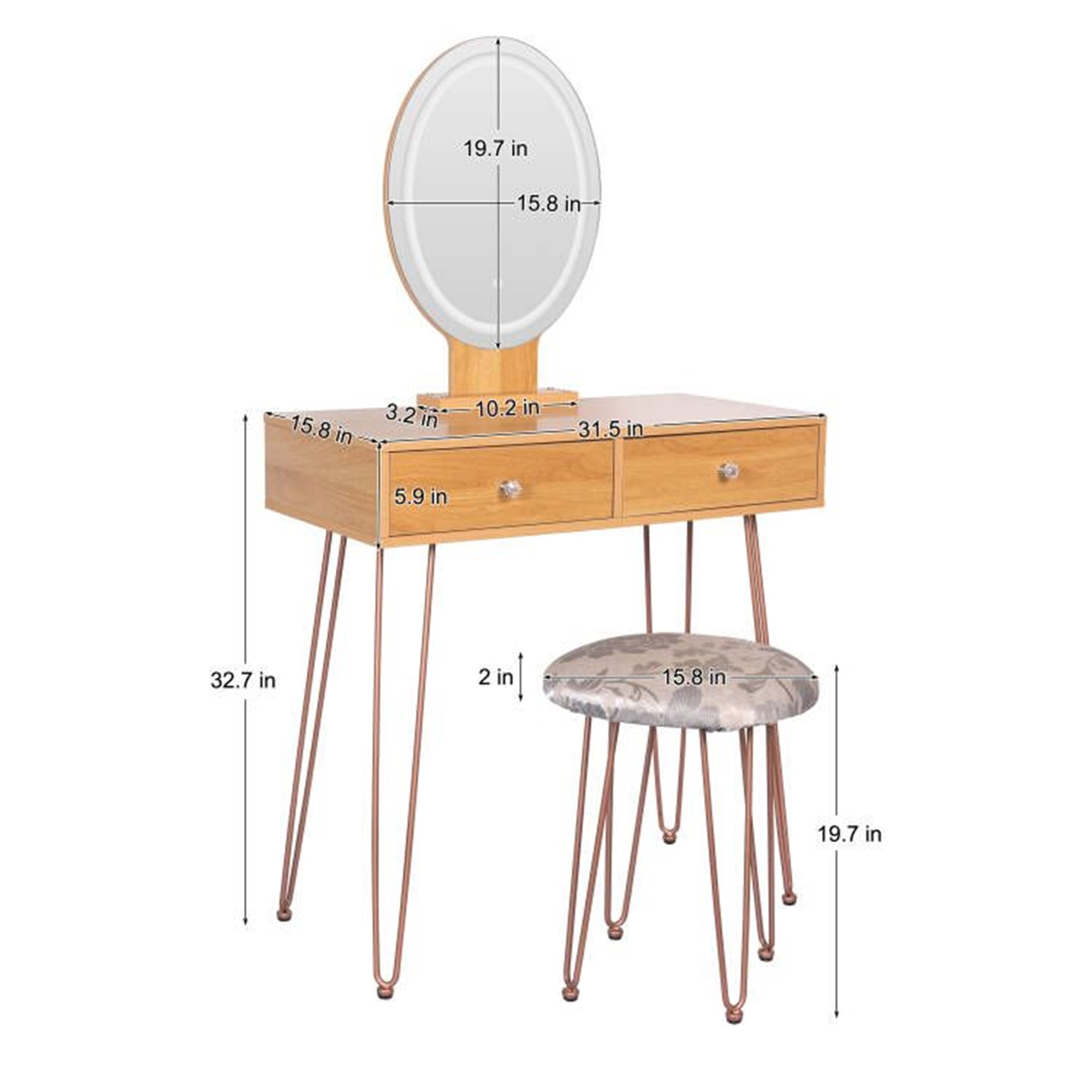 Spaco Modern Dressing Table with 3 Color Lighting Brightness Adjustable, Vanity Desk with 2 Wood Cosmetic Table Chest of Drawers and Gray Padded Stool, Nature Spaco Modern Dressing Table with 3 Color Lighting Brightness Adjustable, Vanity Desk with 2 Wood Cosmetic Table Chest of Drawers and Gray Padded Stool, Nature