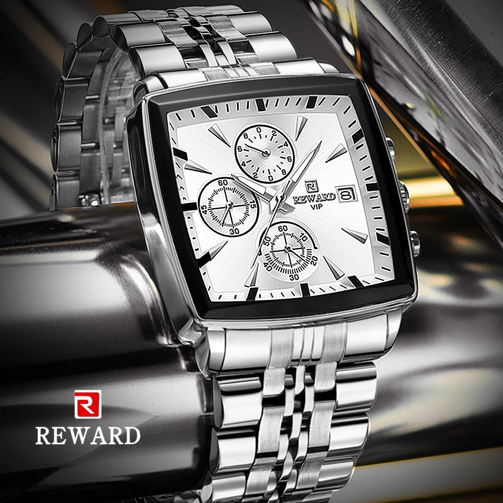 Square Watches for Men Silvery Stainless Steel Chronograph Fashion Business Watch Luminous Waterproof Casual Wrist Watches