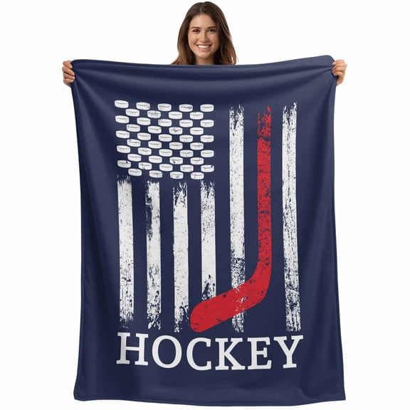 Flannel Fleece Throw Blanket American Ice Hockey Sports Lightweight Soft Plush Blankets,Stripes USA Flag Cozy Warm Throw Blanket for Couch Sofa Bed Car Office 40x50in