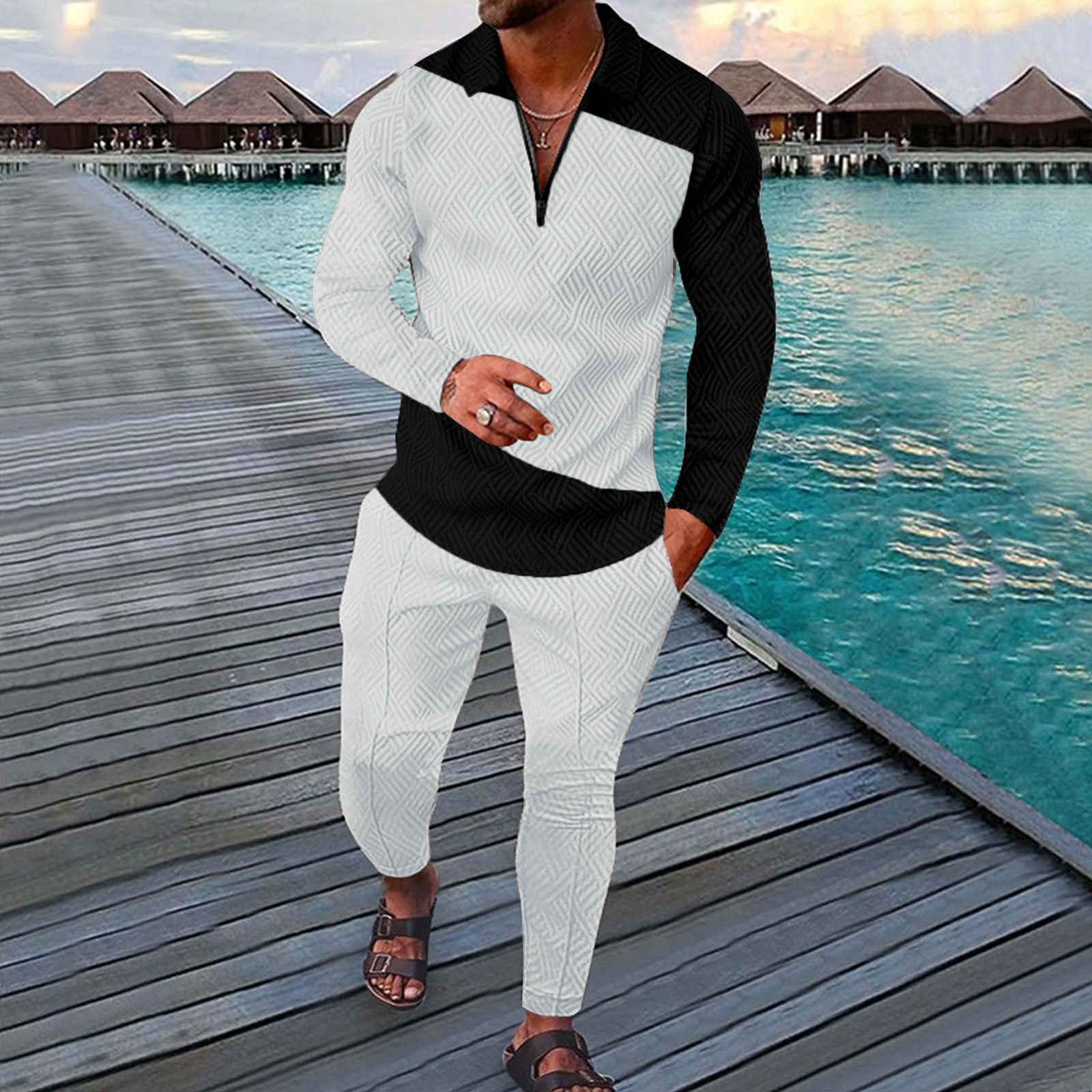 Men's Bamboo Viscose Pajamas Set Henley Long Sleeves Top
