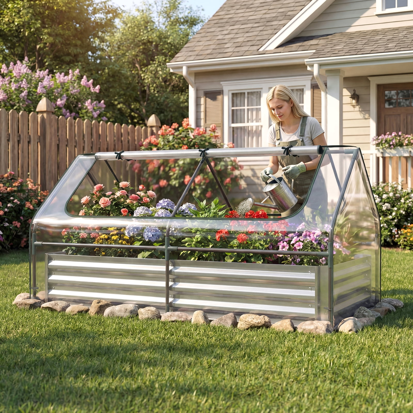Gymax Galvanized Steel Raised Garden Bed Metal Planter Box Kit w/ Mini Greenhouse Cover