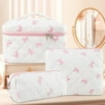 thumbnail image 5 of Rirool 3Pcs Quilted Cotton Makeup Bag Set, Travel Cosmetic Toiletry Bags with Zipper, Large Capacity Portable Storage Organizer Pouch for Women Girls, Floral Bow Design – Pink, 5 of 7