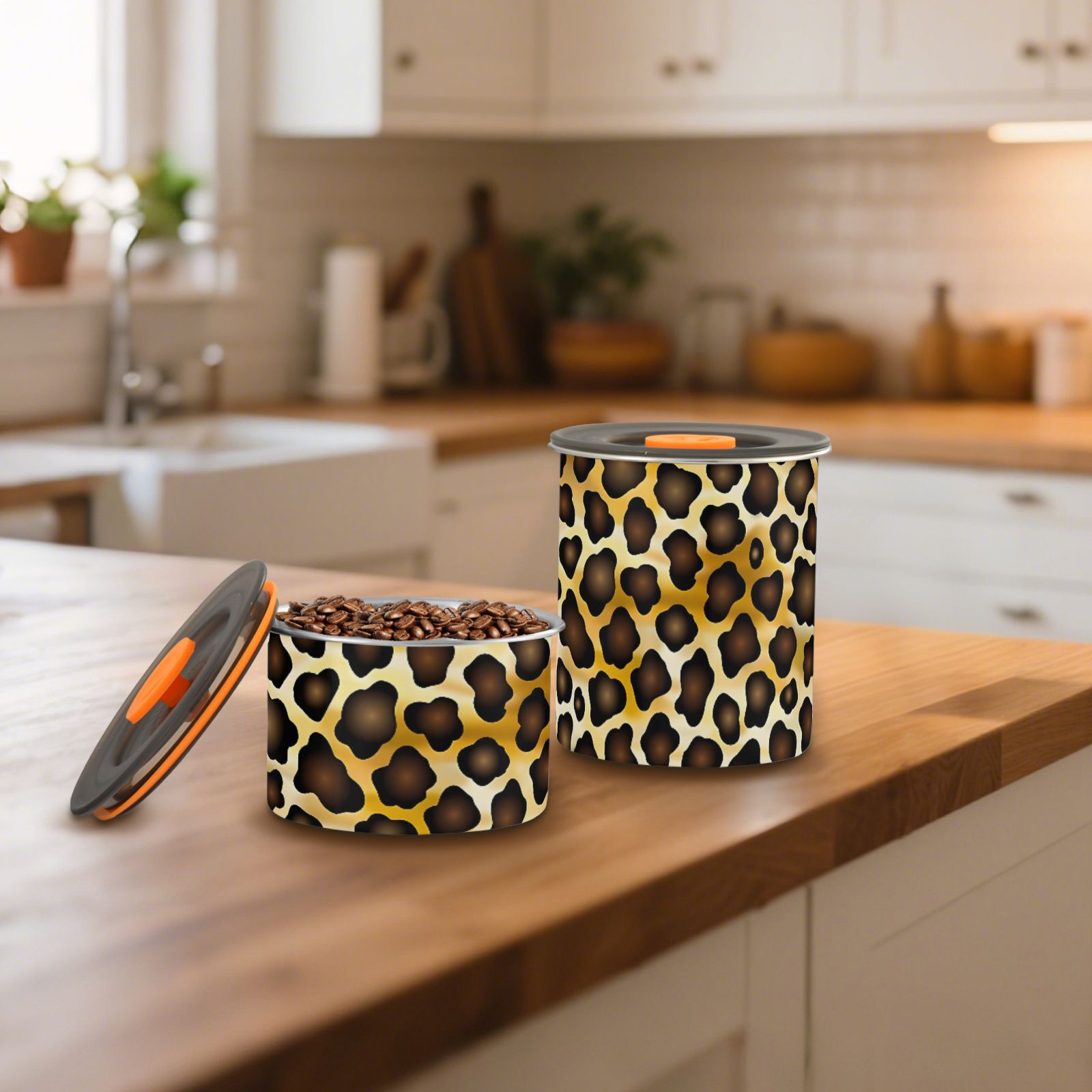 Leopard Brown Cheetah Print Airtight Coffee Bean Canister 30oz Food Storage Containers with Lids For Gournd, Tea, Sugar, Flour, Rice, Cereal, Candy Cookie Jar
