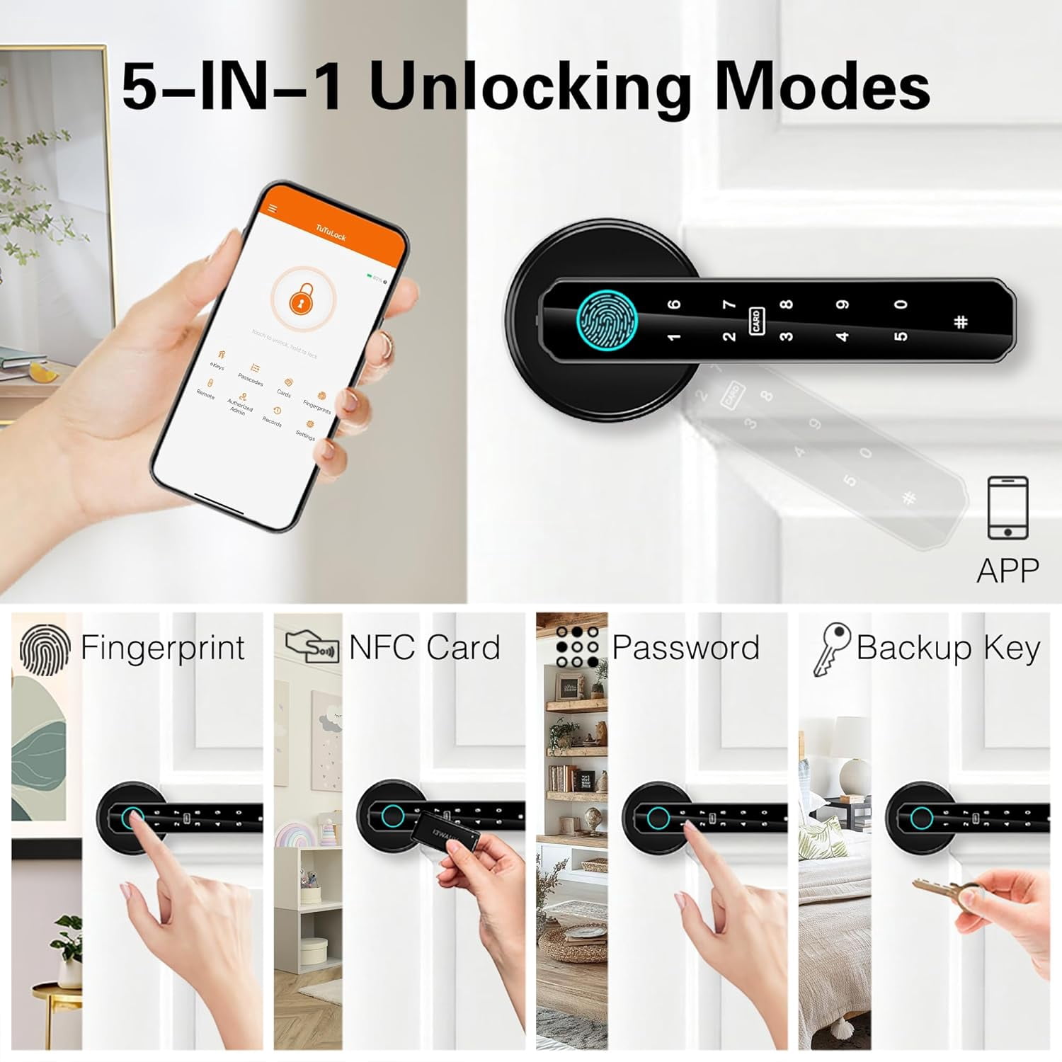 Fingerprint Door Lock, 5-in-1 Smart Door Knob, Keyless Entry with Passcode Keypad & Handle, APP Control for Bedroom, Office, Apartment (Black)