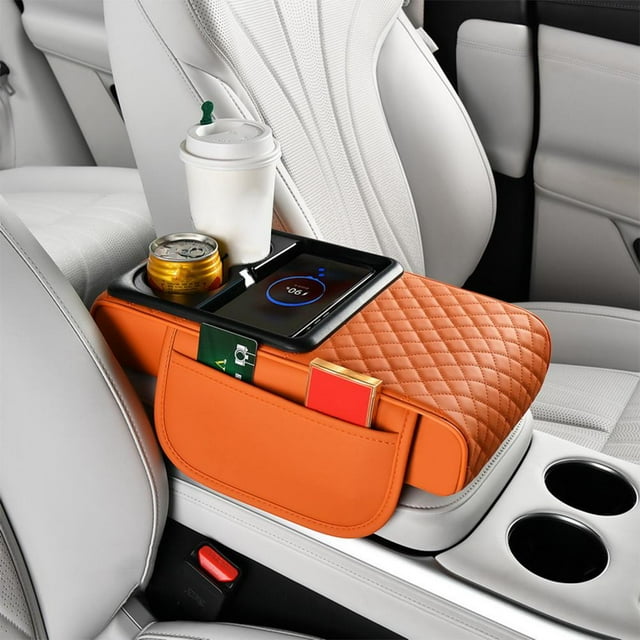 Car Armrest Riser Pad with Wireless Charging, Nappa Leather Console Organizer, Dual Cup Holders, Side Pocket Storage for Enhanced Driving Comfort & Phone Power