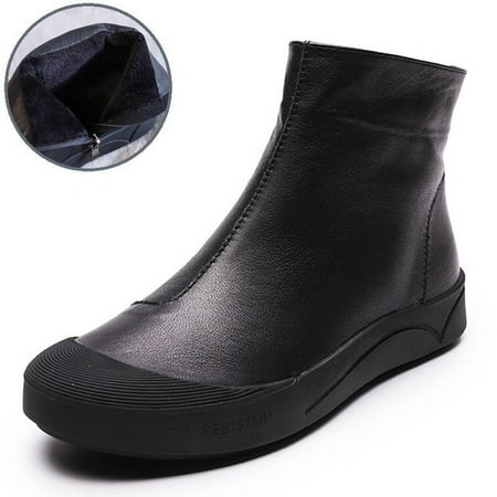 

DRKANOL Autumn Winter Genuine Leather Flat Ankle Boots For Women Warm Boots Side Zipper Soft Comfortable Cow Leather Botas H8066
