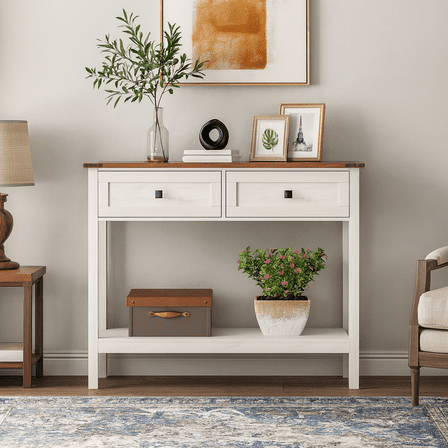 Farmhouse Style Console Table with 2 Drawer & Bottom Storage Shelf for Entryway, Rustic Side Table with Storage Drawer & Shelf for Living Room, Hallway, Storage Table, White