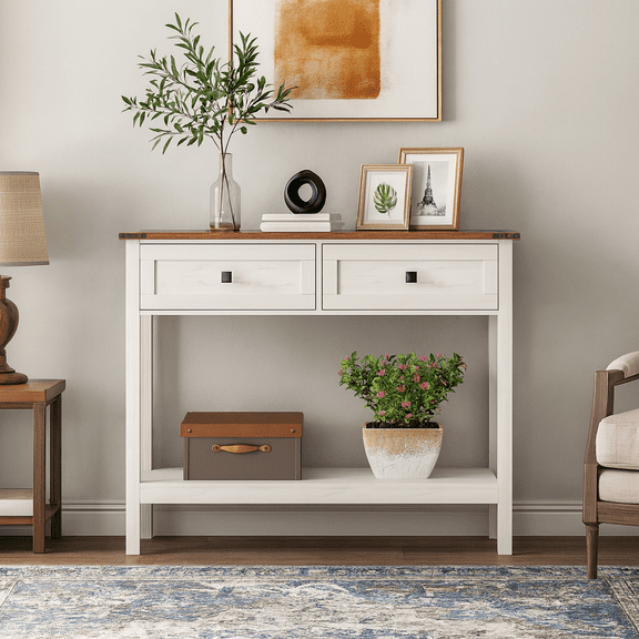 Farmhouse Style Console Table with 2 Drawer & Bottom Storage Shelf for Entryway, Rustic Side Table with Storage Drawer & Shelf for Living Room, Hallway, Storage Table, White
