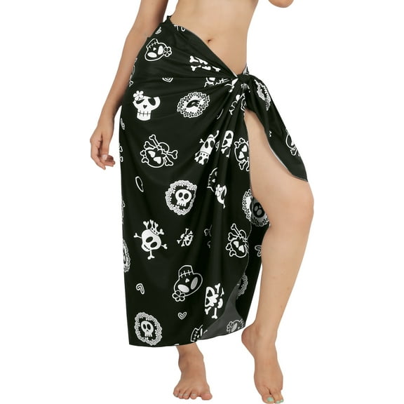 HAPPY BAY Women's Summer Beachwear Sarong Coverups Wrap Bathing suit Costumes Bikini Skirt Cover up Beach Wraps for Women One Size Plus Clip Art Skull, Vintage Black