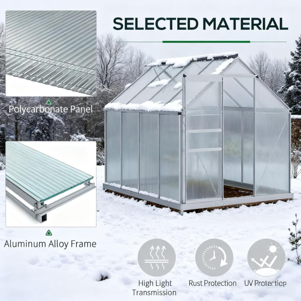 6x8 FT Greenhouse, Easy Assembly Polycarbonate Greenhouses with Adjustable Roof Vent, Large Aluminum Walk-in Greenhouse with Sliding Door, Silver