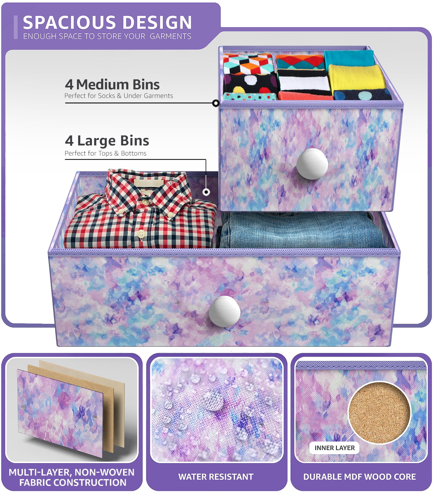 Sorbus Kids Fabric Dresser, 8 Drawer Storage Tower, Steel Frame, Tie-Dye Purple