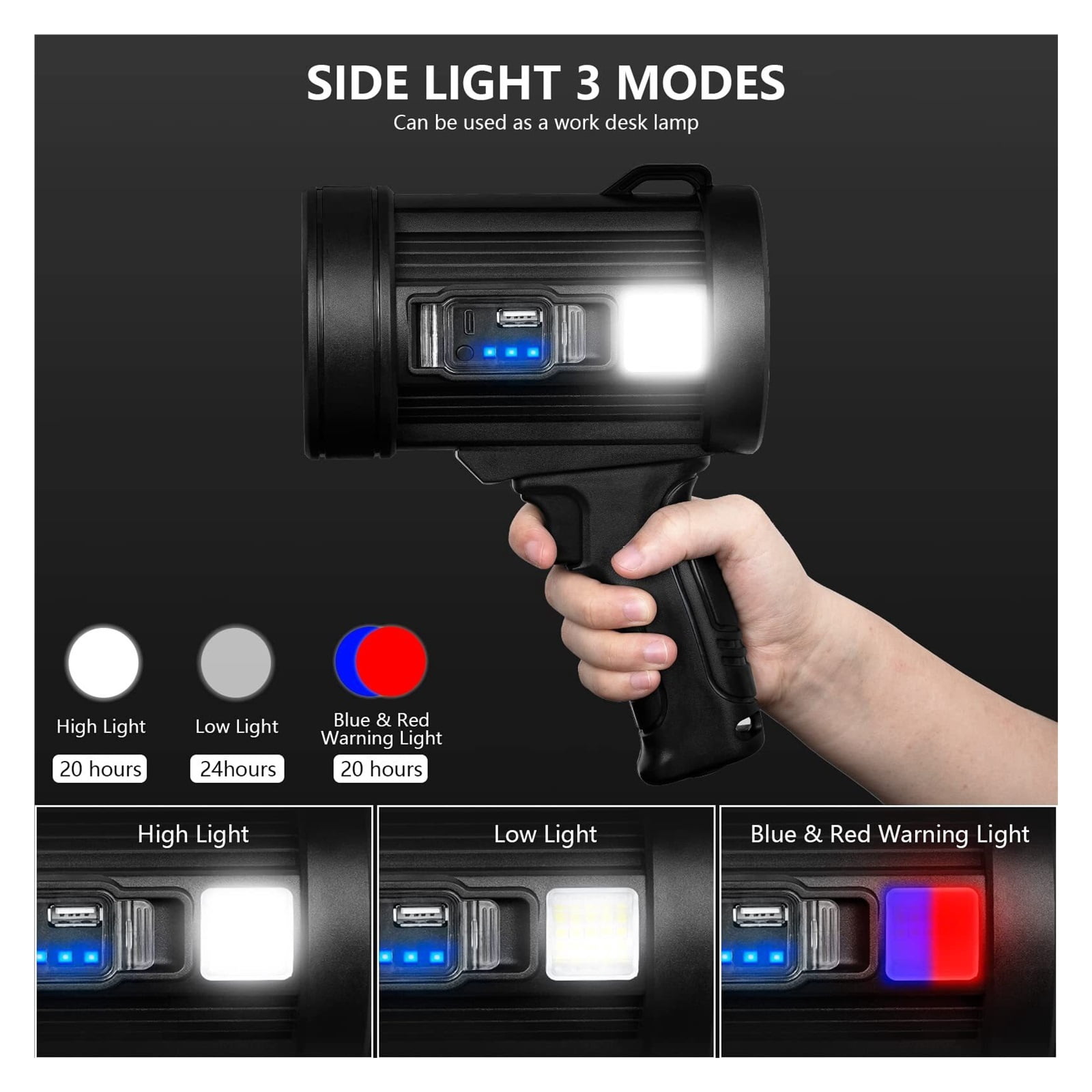 Rechargeable Spotlight, 1000,000 Lumens Handheld Hunting Flashlight Led Spot Light with Cob Light and Solar Panels, Lightweight and Super Bright Spotlight for Hunting Boating Camping