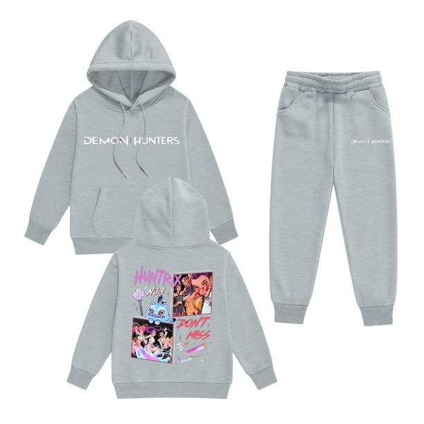 Pop cazadora para niña Demo-n Hunters Boys Girls Fashion Hooded Sweatshirt Set Streetwear Soft Comfortable Long Sleeve Hoodie for Daily Wear Spring Fall Winter (Gray)