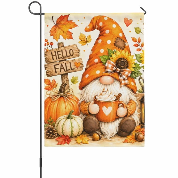 Hello Fall Gnome Garden Flags For Outdoor, Country Harvest Pumpkin Sunflower Maple Leaf Berry Small Double Side Yard Flags Weather Proof Garden Decor for Lawn Outside Holiday 12 x 18 Inches