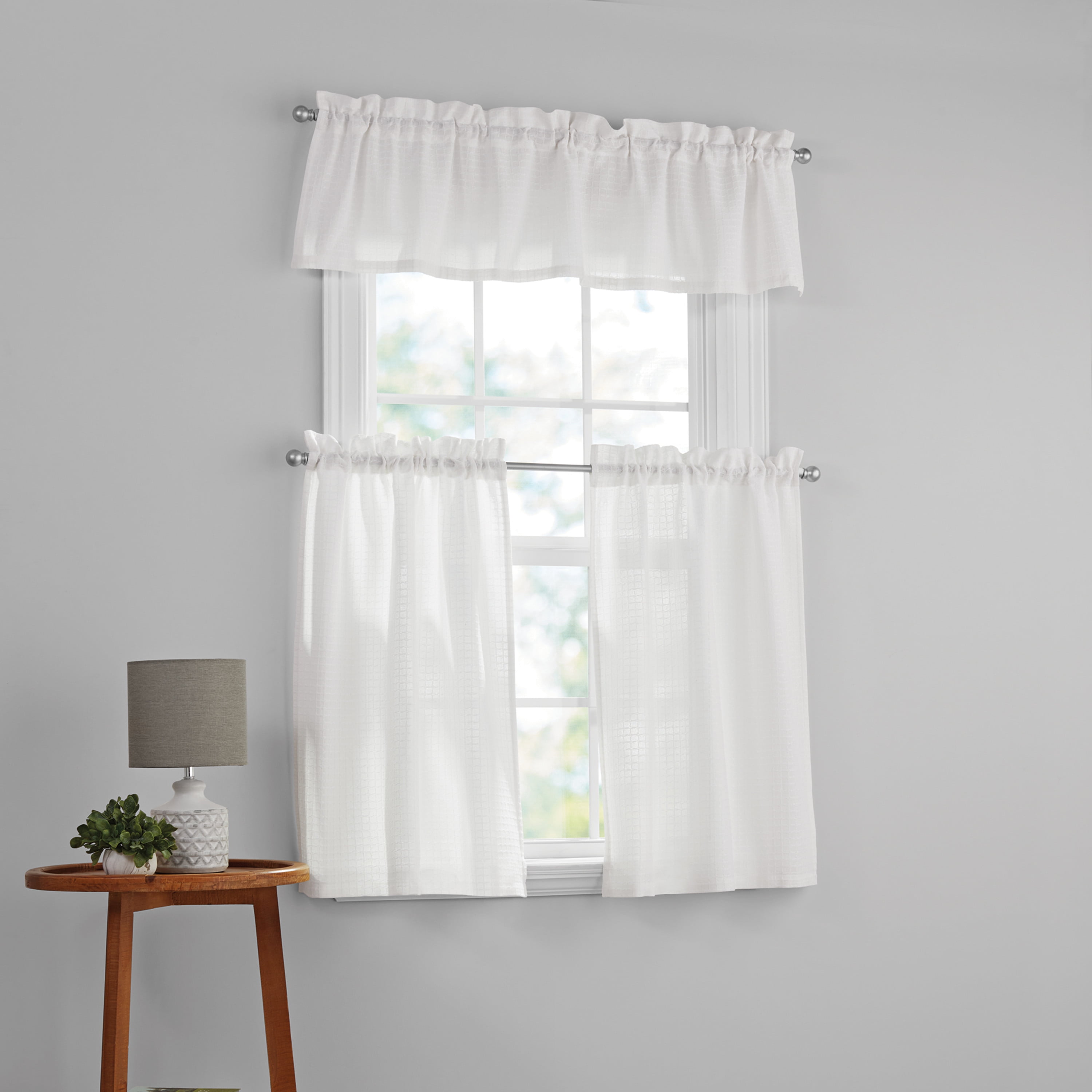 Mainstays Waffle Weave Tiers and Valance, Set of 3, Arctic White, 56" W x 36" L