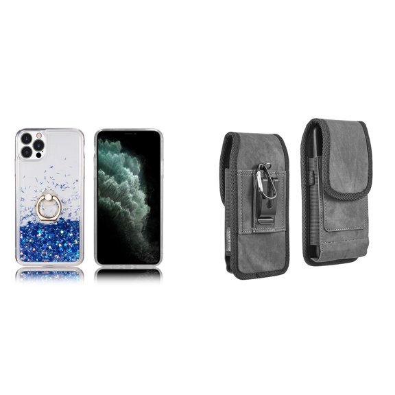 Waterfall Liquid Glitter Stand Case and Belt Holster Pouch for iPhone 14 Pro - Blue