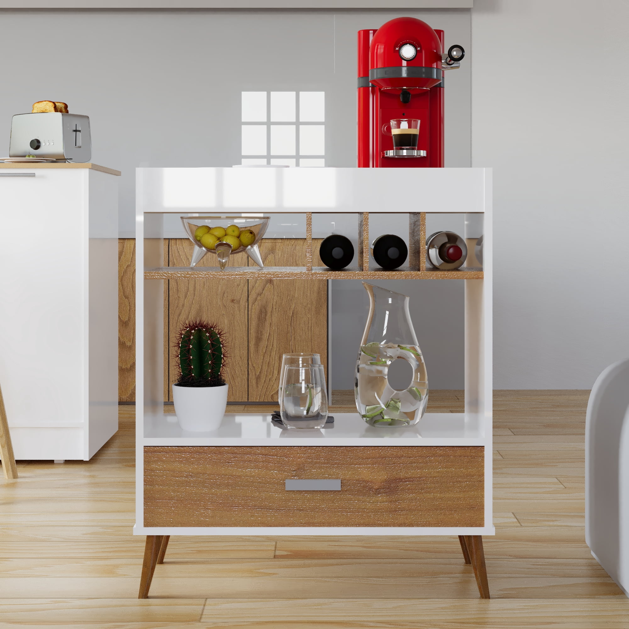 Ember Interiors Stirling White-Brown Mini Bar with Wine Storage, Drawer, and Shelf – Compact Design for Adults