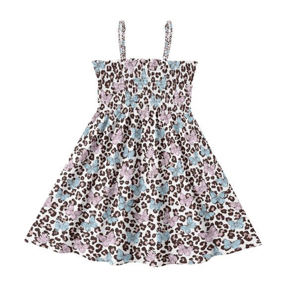 Leopard Butterfly Girls Casual Summer Dress Sleeveless Smocked Sundress Ruffle Trim A-Line Lightweight Breathable Dress 2 Years