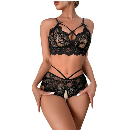 

qucoqpe Women Lingerie Set Two Piece Lace Bralette and Panty Set Strappy Sexy Lace Lingerie Christmas Valentine Holiday Gift on Clearance