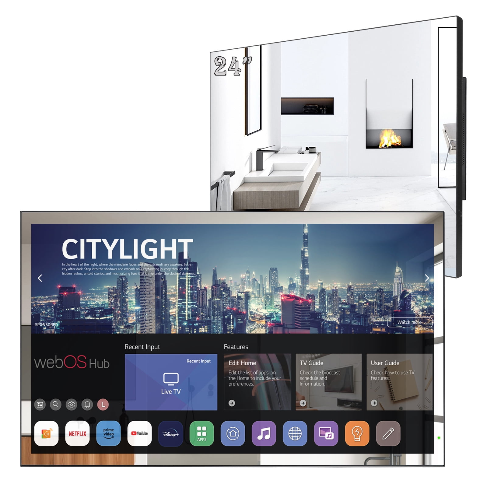 Soulaca 24 inches Smart Mirror Bathroom LED webOS TV Waterproof ATSC DTV Tuner Wall Mount Voice Control Hotel Kitchen
