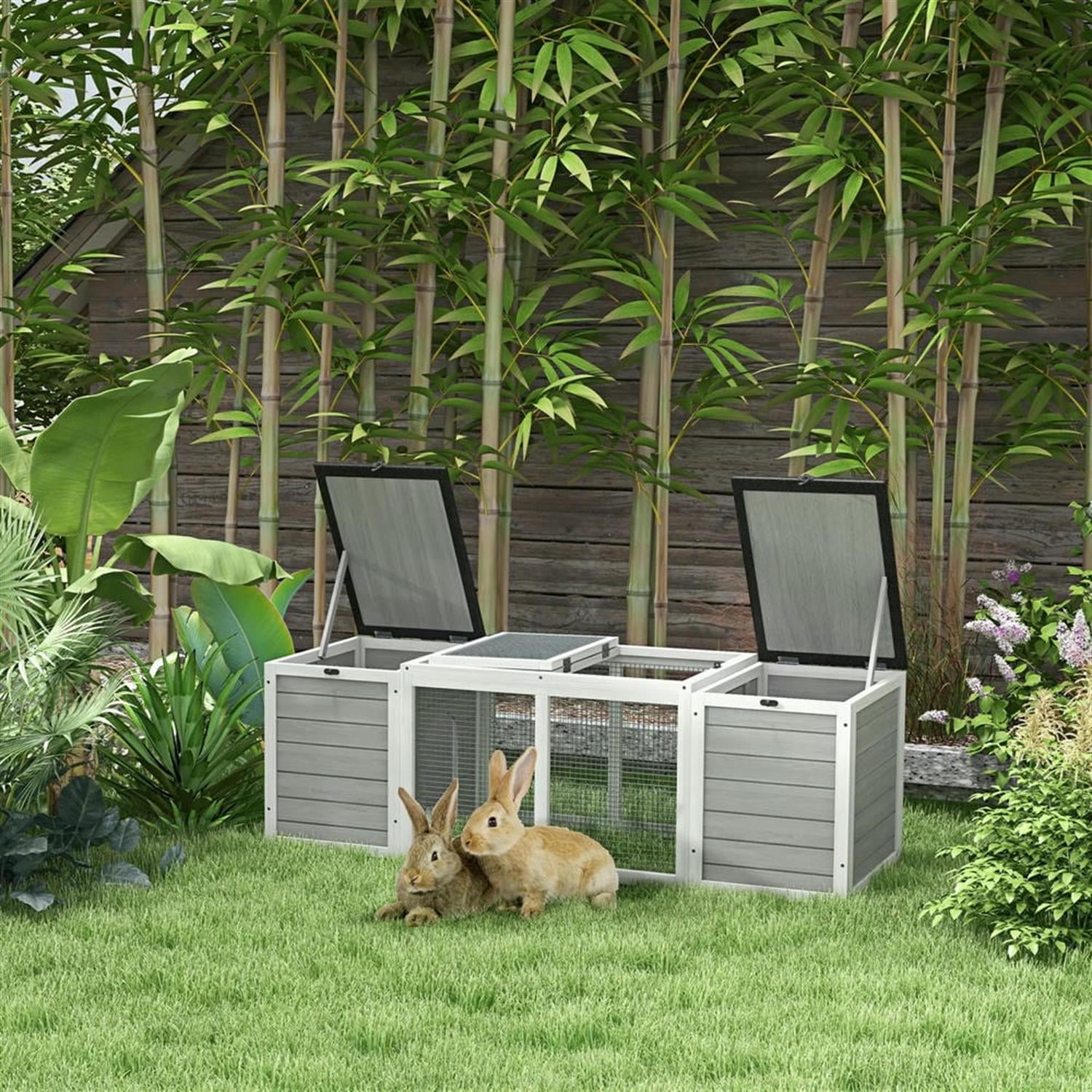 Kadyn 55" Wooden Rabbit Hutch with Openable Asphalt Roofs, Outdoor Small Animal Habitat Enclosure Bunny Cage for Bunnies, Guinea Pigs, Gray