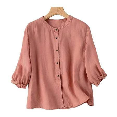 QYZEU Plus Size Tops for Women Long Underwear Women Shirt Seven Quarter Sleeve Linen Shirt Women Loose Literary Retro Cotton Linen Shirt Spring Summer Shirt Pink 3XL