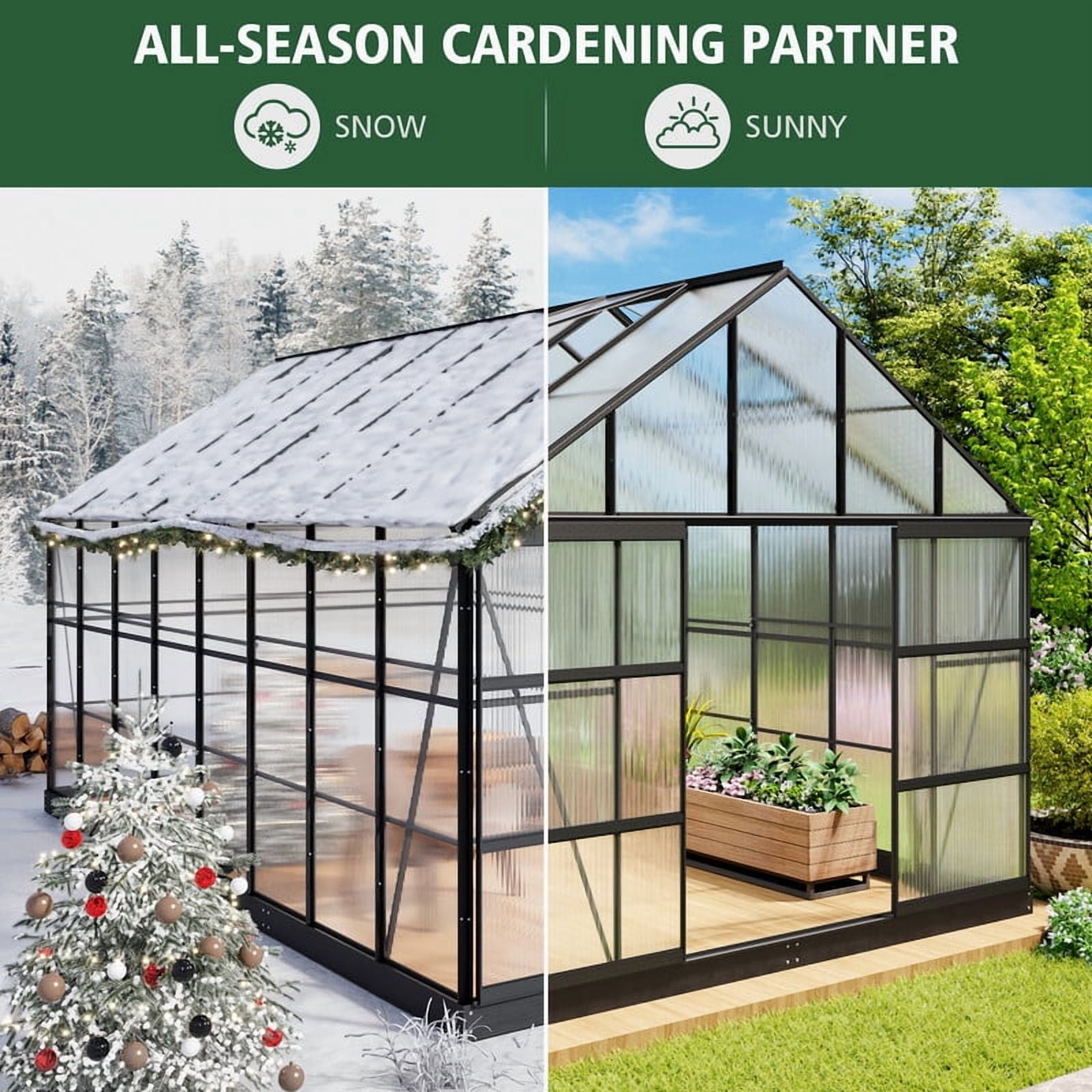 GAZEBETER 10x14 FT Aluminum Greenhouse for Outdoors,Walk in Greenhouse,Polycarbonate Greenhouse with 4 Roof Vent Windows and Lockable Double Doors for Backyard,Black