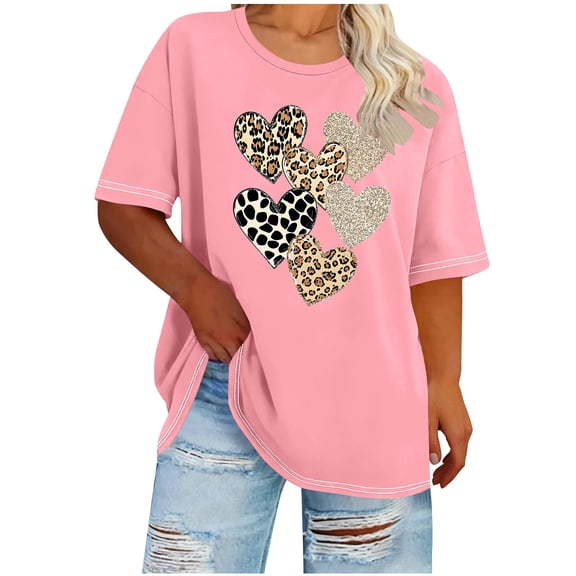LEKWK Womens Valentine Shirts Leopard Heart Print Regular Fit Round Neck Graphic Tees Soft Fabric Summer Tops Cheetah Pattern Gift Lover Holiday Wear