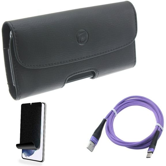 For Samsung Galaxy S21 (6.2") - [Fingerprint Works] TPU Film Privacy Screen Protector   Type-C Purple 6ft USB Cable   Holster Leather Case Belt Clip