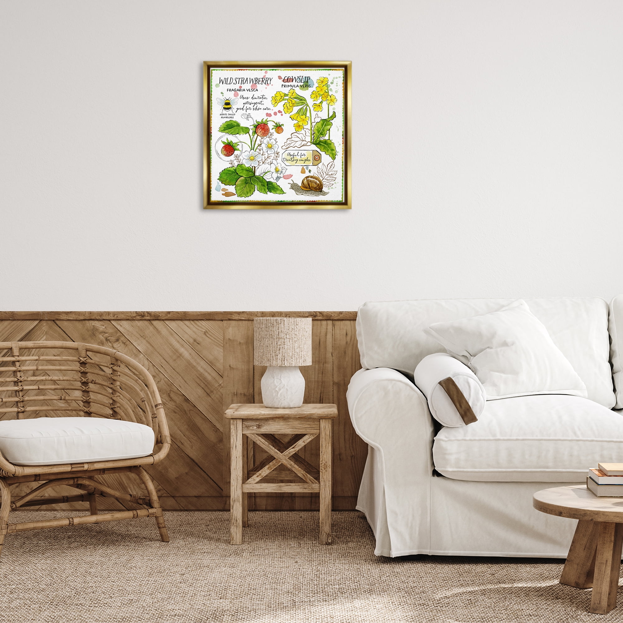Stupell Industries Strawberry & Florals Uses Plants & Flowers Painting Gold Floater Framed Canvas Art Print Wall Art, 25 x 25