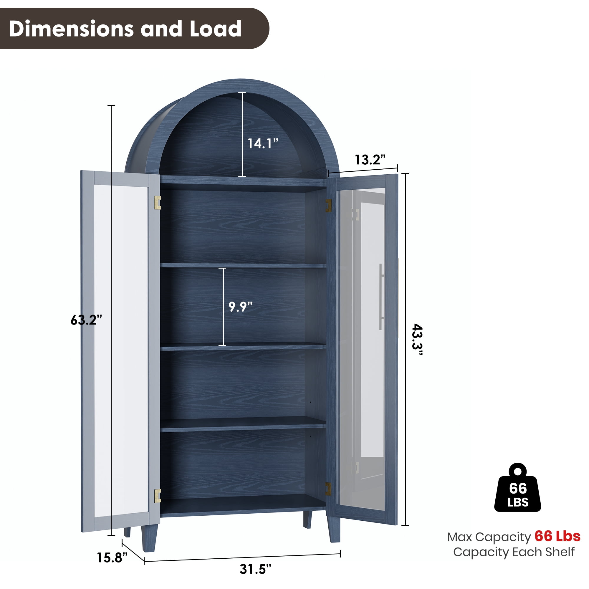 5-Tier Arched Bookcase, Bookshelf with Glass Door, Display Cabinet with Adjustable Shelves, Tall Storage Cabinet for Living Room, Modern Bookcase for Bedroom/Living Room/Home Office