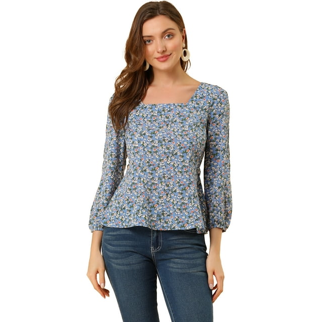 INSPIRE CHIC Blouse à Manches Longues à Encolure Carrée Florale pour Femmes avec Ceinture