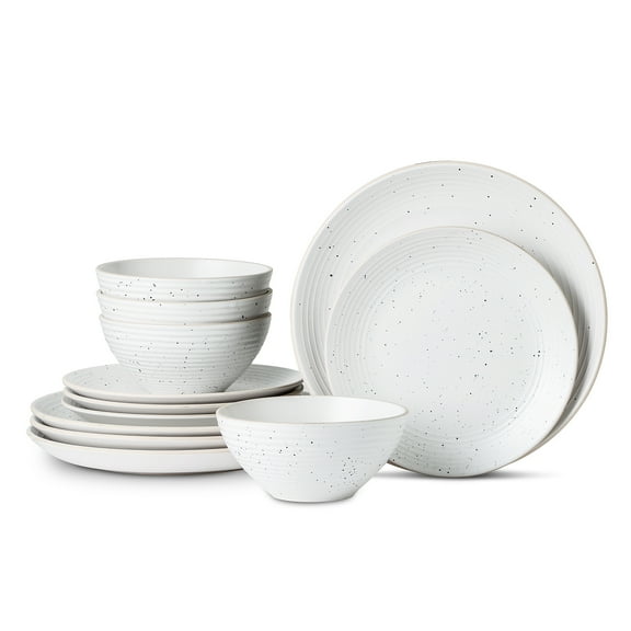 Stone Lain Lorie Stoneware 12-Piece Round Dinnerware Set, RB, Off White