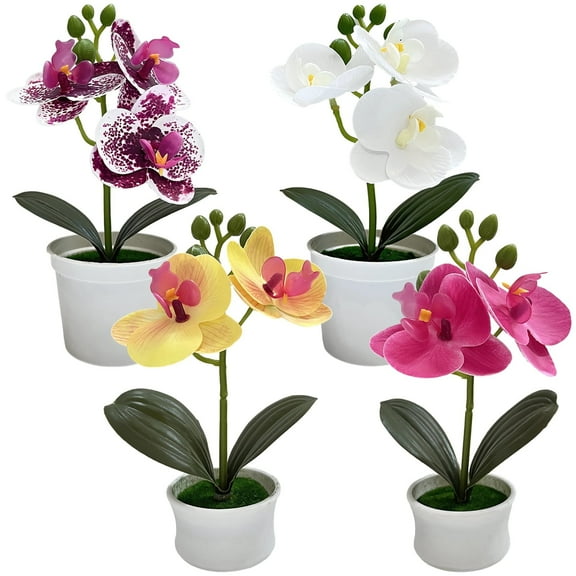 4 Pcs Artificial Orchids That Look Real with Pot, Small Silk Flowers for Home Decor Indoor, Faux Phalaenopsis Plants, Mini Potted Desk Decor, Vibrant Colors, No Maintenance Needed