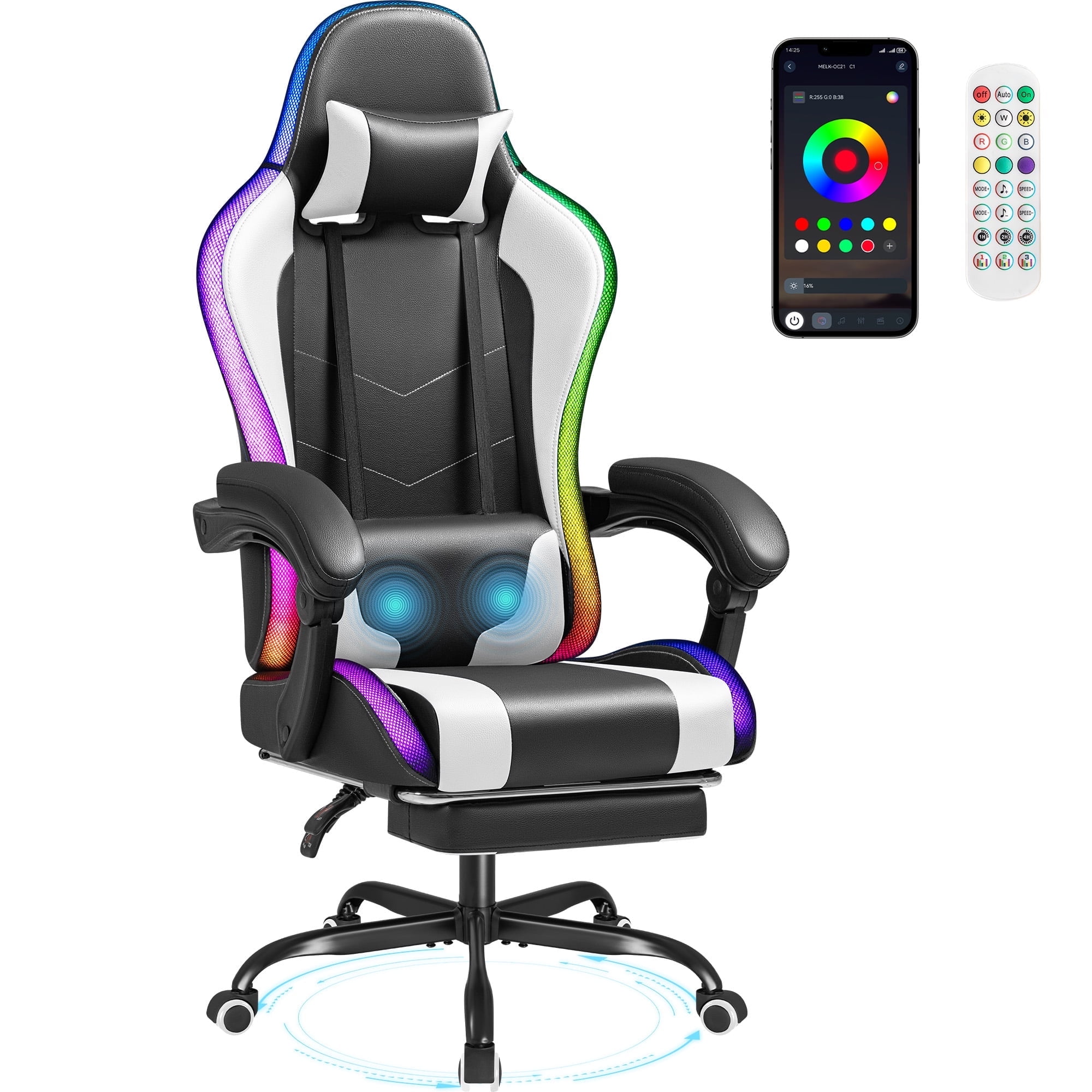 Homall RGB Gaming Chair with APP & Remote Control, LED Lights Ergonomic Computer Chair with Footrest & Massage Lumbar Support, White