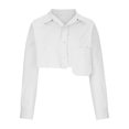 thumbnail image 4 of BLVB Women Button Down Turn Down Collar Crop Shirt Long Sleeve Loose Irregular Fashion Crop Blouse Tee Shirts Top, 4 of 7